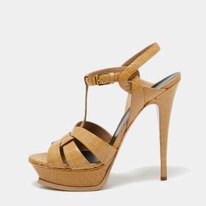 Pre Owned Saint Laurent Beige Croc Embossed Leather Tribute Platform Sandals Size 40.5