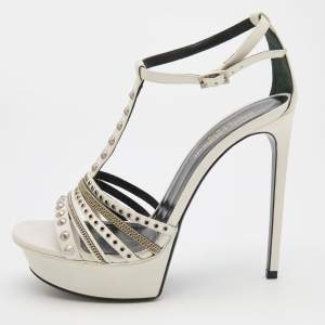 Saint Laurent White Leather Alice Studded Platform Sandals Size 39.5