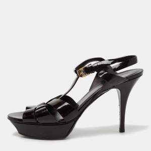 Saint Laurent Dark Brown Patent Leather Tribute Platform Sandals Size 40