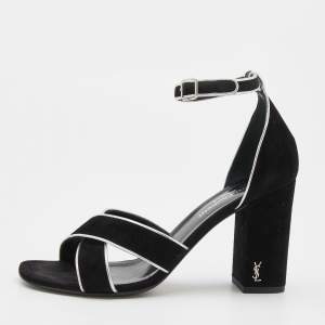 Saint Laurent Black/Silver Suede and Leather Ankle Strap Sandals Size 37.5