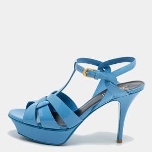 Saint Laurent Light Blue Patent Leather Tribute Sandals Size 38