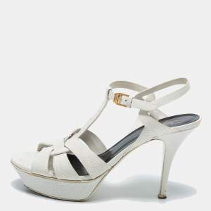 Saint Laurent White Lizard Embossed Leather Tribute Sandals Size 40