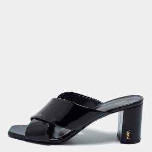 Saint Laurent Black Patent Leather Loulou Slide Sandals Size 38.5