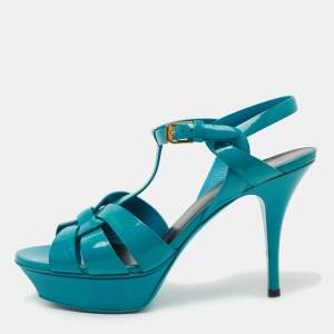 Saint Laurent Turquoise Patent Leather Tribute Sandals Size 38