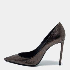 Saint Laurent Dark Brown Laminated Suede Anja Pumps Size 37.5 
