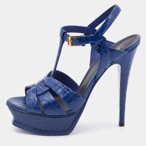 Saint Laurent Blue Croc Embossed Leather Tribute Platform Sandals Size 38