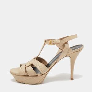 Saint Laurent Paris Cream Croc Embossed Leather Tribute  Sandals Size 39