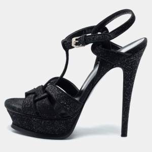 Saint Laurent Black Glitter Fabric Tribute Platform Sandals Size 38