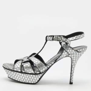 مملوكة مسبقًا Saint Laurent Silver Python Embossed Leather Tribute Sandals Size 38.5