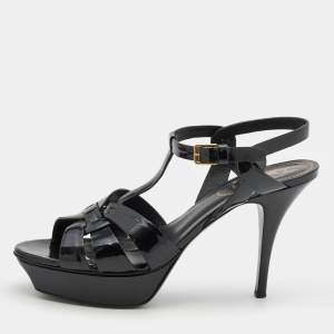 Saint Laurent Black Patent Leather Tribute Sandals Size 39