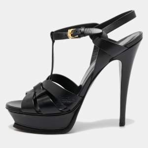 Saint Laurent Black Leather Tribute Platform Sandals Size 38.5