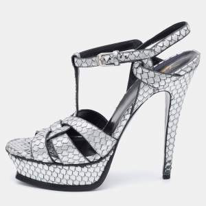 مملوكة مسبقًا Saint Laurent Silver Python Embossed Leather Tribute Sandals Size 41