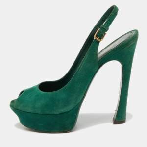 مملوكة مسبقًا Saint Laurent Green Suede Platform Slingback Sandals Size 37
