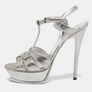 Saint Laurent Silver Lizard Embossed Leather Tribute Sandals Size 39 