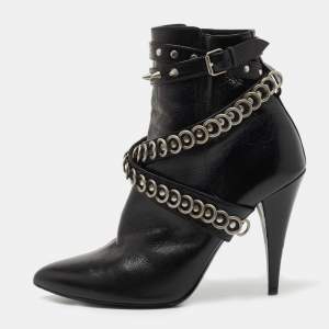 Saint Laurent Black Leather Studded Fetish Ankle Booties Size 38.5