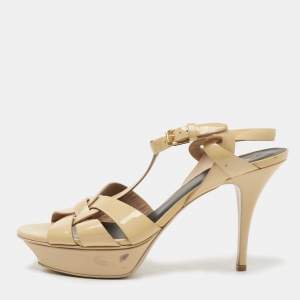 Pre Owned Saint Laurent Beige Patent Leather Tribute Sandals Size 40.5