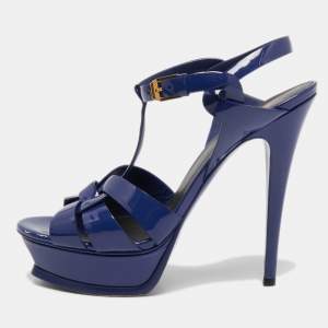 Saint Laurent Navy Blue Patent Leather Tribute Sandals Size 38.5