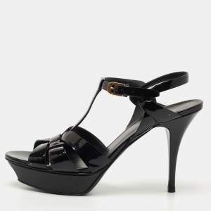 Pre Owned Saint Laurent Black Patent Leather Tribute Sandals Size 42