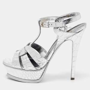 Saint Laurent Silver Croc Embossed Leather Tribute Sandals Size 38