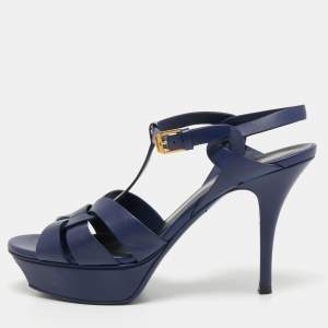 Saint Laurent Navy Blue Leather Tribute Sandals Size 38