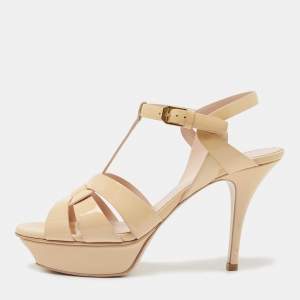 Saint Laurent Beige Patent Leather Tribute Sandals Size 38.5