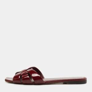 Saint Laurent Burgundy Patent Leather Tribute Flat Slides Size 38