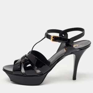Saint Laurent Paris Black Patent Leather Tribute Sandals Size 38.5 