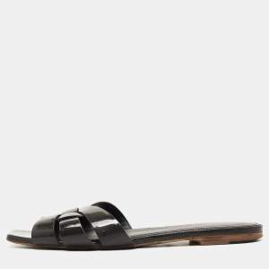 Saint Laurent Paris  Grey Patent Tribute Flat Slides Size 37.5  
