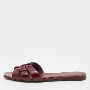Saint Laurent Burgundy Patent Leather Tribute Flat Slides Size 37.5