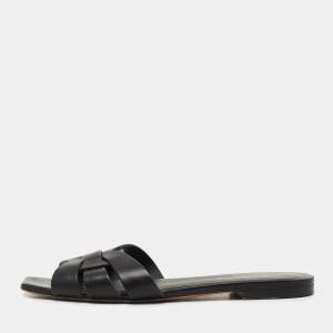 Saint Laurent Black Leather Tribute Flat Slides Size 38