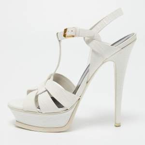Pre Owned Saint Laurent White Lizard Embossed Leather Tribute Sandals Size 38