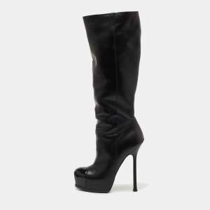 Pre Owned Saint Laurent Black Leather  Tribute Knee Length Boots Size 36