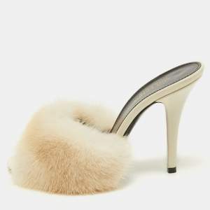 Saint Laurent Off White Mink Fur Roy Slide Sandals Size 36.5