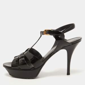 Saint Laurent Black Patent Leather Tribute Sandals Size 39