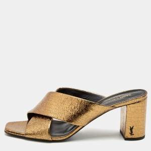 Saint Laurent Metallic Textured Leather Loulou Slide Sandals Size 39.5