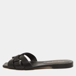 Saint Laurent Black Leather Tribute  Flat Slides Size 36