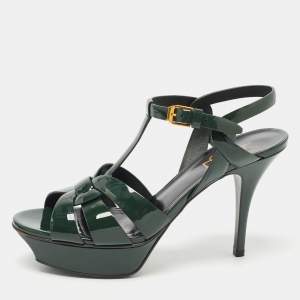 Saint Laurent Paris Green Patent Tribute Sandals Size 38