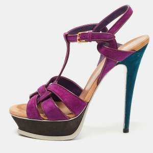Saint Laurent Multicolor Suede and Leather Tribute Sandals Size 39