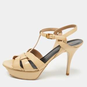 Saint Laurent Beige Patent Leather Tribute Sandals Size 39.5