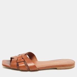 Saint Laurent Brown Leather Tribute Flat Slides Size 37 