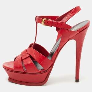 Saint Laurent Red Croc Embossed Leather Tribute Sandals Size 37