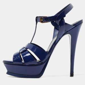 Saint Laurent Blue Patent Leather Tribute Sandals Size 38