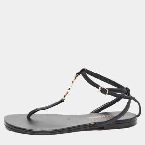 Saint Laurent Black Leather Logo T Bar Ankle Strap Flat Sandals Size 35