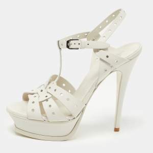 Saint Laurent White  Perforated Leather Tribute Ankle Strap Platform Sandals Size 37.5