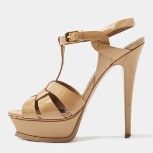 Saint Laurent Beige Patent Leather Tribute Ankle Strap Platform Sandals Size 37