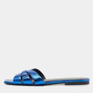 Saint Laurent Paris Blue Texture Leather Tribute Slide Flat  Size 37.5