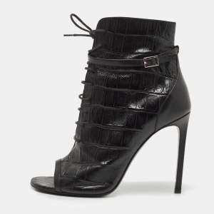 Pre Owned Saint Laurent Black Alligator Embossed Leather Ankle Boots Size 39.5