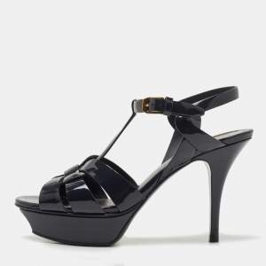 Saint Laurent Dark Blue Patent Leather Tribute Sandals Size 37.5