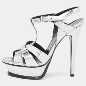 مملوكة مسبقًا Saint Laurent Silver Lizard Embossed Leather Tribute Sandals Size 36