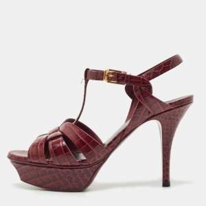 Saint Laurent Burgundy Croc Embossed Leather Tribute  Sandals Size 36